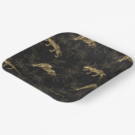 Art deco Sophisticated Black en Gold leopard Papieren Bordje (Gebogen)