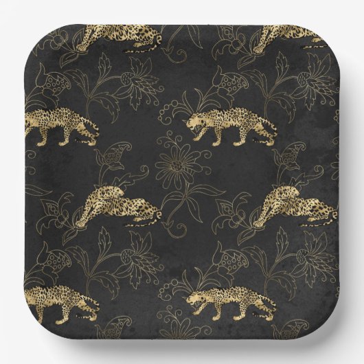 Art deco Sophisticated Black en Gold leopard Papieren Bordje (Voorkant)