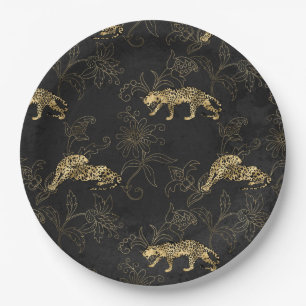 Art deco Sophisticated Black en Gold leopard Papieren Bordje