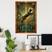 Art Deco springende gouden lynx-wandkunst Poster (Thuiskantoor)