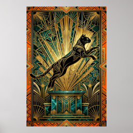 Art Deco springende gouden lynx-wandkunst Poster