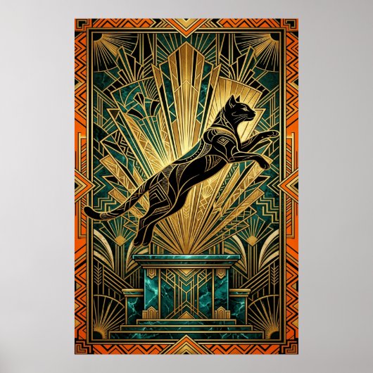 Art Deco springende gouden lynx-wandkunst Poster (Voorkant)