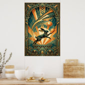 Art Deco Springende Konijn Goud & Teal Kunst Poster (Keuken)