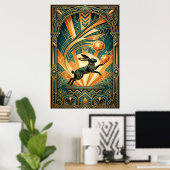 Art Deco Springende Konijn Goud & Teal Kunst Poster (Thuiskantoor)