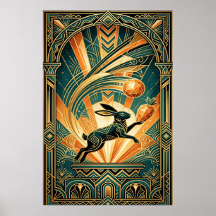 Art Deco Springende Konijn Goud & Teal Kunst Poster