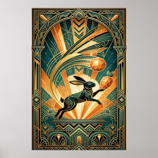 Art Deco Springende Konijn Goud & Teal Kunst Poster (Voorkant)