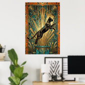 Art Deco Springende Zwarte Kat Wand Kunst Poster (Thuiskantoor)