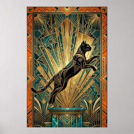 Art Deco Springende Zwarte Kat Wand Kunst Poster