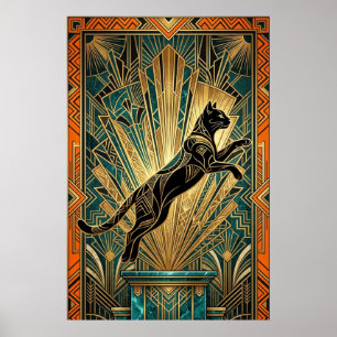 Art Deco Springende Zwarte Kat Wand Kunst Poster