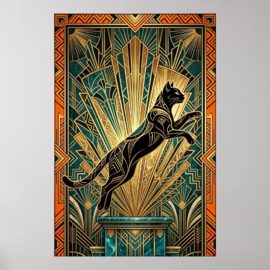 Art Deco Springende Zwarte Kat Wand Kunst Poster (Voorkant)