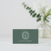 Art Deco Stacked Monogram Logo op Forest Green Visitekaartje (Staand voorkant)