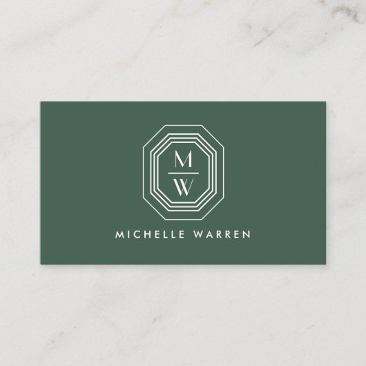 Art Deco Stacked Monogram Logo op Forest Green Visitekaartje (Voorkant)