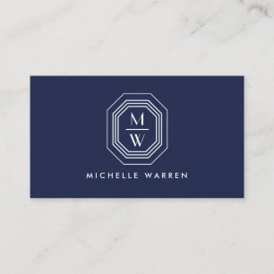 Art Deco Stacked Monogram Logo op Navy Blue Visitekaartje