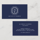Art Deco Stacked Monogram Logo op Navy Blue Visitekaartje (Voorkant / Achterkant)