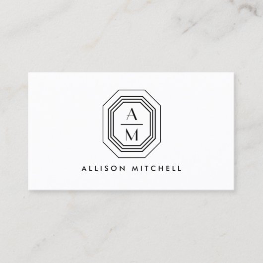 Art Deco Stacked Monogram Logo Zwart/Wit Visitekaartje (Voorkant)
