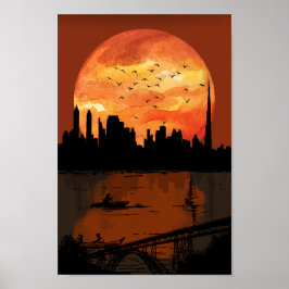 Art Deco Stadssilhouet Zonsondergang Geometrisch G Poster