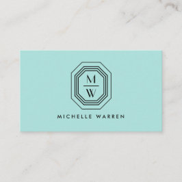 Art Deco Stapelde Monogram Logo op Mint Blue/Green Visitekaartje