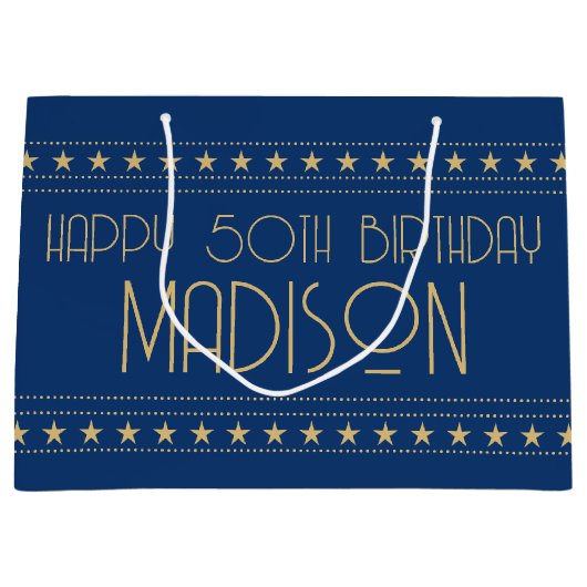 Art Deco Star Aangepaste leeftijd Naam Blauw goud Groot Cadeauzakje (Voorkant)