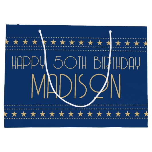 Art Deco Star Aangepaste leeftijd Naam Blauw goud Groot Cadeauzakje (Achterkant)