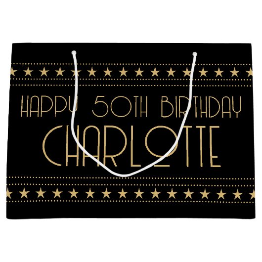 Art Deco Star Aangepaste leeftijd naam zwart goud Groot Cadeauzakje (Voorkant)