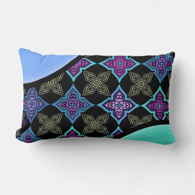 Art Deco Star Bloemen Aqua Violet Blauw op Zwart - Kussen (Voorkant)