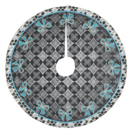 Art Deco Star Bloemen Zwart - Wit met Blauwe Bogen Fleece Kerstboom Rok
