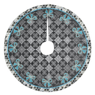 Art Deco Star Bloemen Zwart - Wit met Blauwe Bogen Fleece Kerstboom Rok