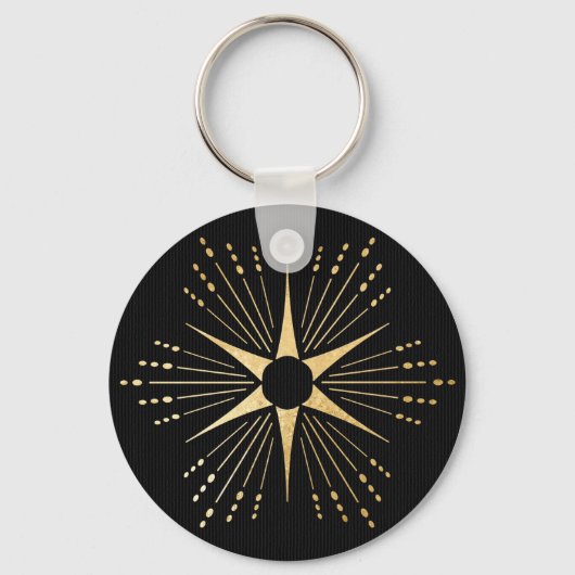 Art Deco Starburst Zwart en Goud Sleutelhanger (Voorkant)