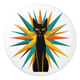 Art Deco Steruitbarsting Kat Oranje & Teal Keramische Knop