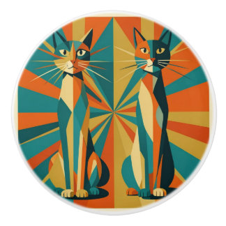 Art Deco stervormige katten oranje en turquoise Keramische Knop