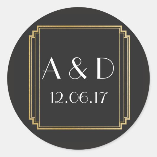 Art Deco Stickers Zwart Goud Rond Label (Voorkant)