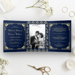  Art Deco Stijl Blauw en Gouden Bruiloft Drieluik Uitnodiging