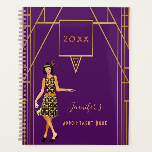Art deco stijl flapper meisje paarse gouden 2025 planner (Voorkant)