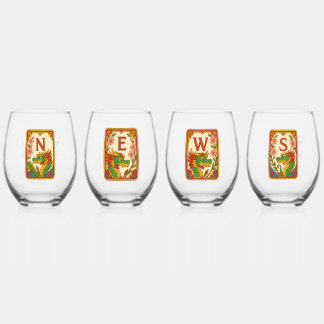 Art Deco Stijl Mahjong Windstreken & Draken Wijnglas Zonder Voet