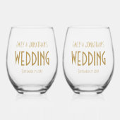 Art Deco Stijl Namen Datum Bruiloft Wijnglas Zonder Voet (Voorkant)