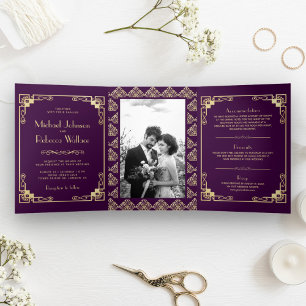 Art Deco stijl paarse en gouden trouwfoto Drieluik Uitnodiging