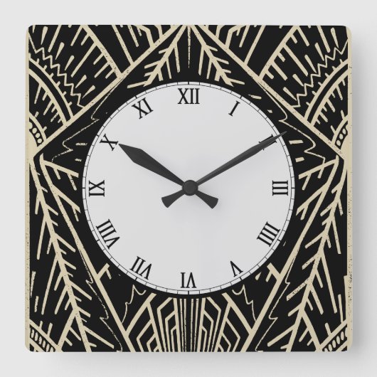 Art Deco Stijl Schets in Zwart en Goud Vierkante Klok (Voorkant)