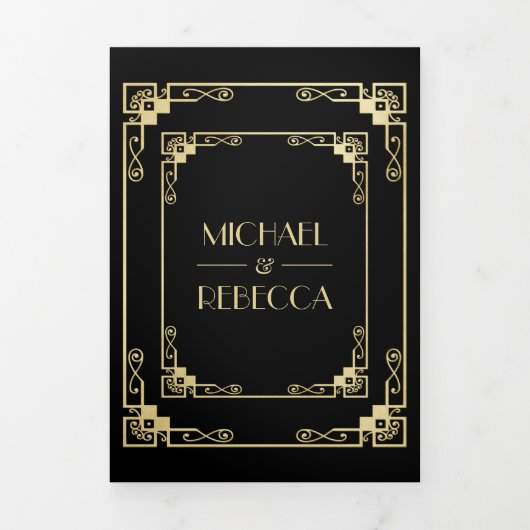  Art Deco Stijl Zwart en Gouden Bruiloft Drieluik Uitnodiging (Cover)