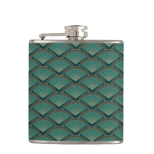 Art Deco stijlpatroon in blauwgroen groene kleur Heupfles