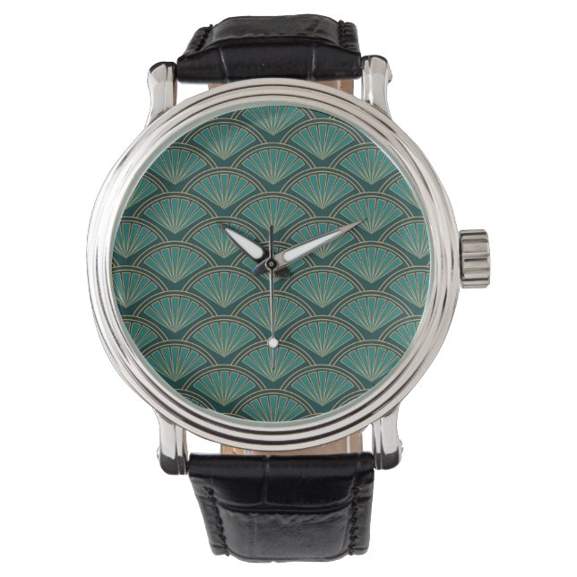 Art Deco stijlpatroon in blauwgroen groene kleur Horloge (Voorkant)