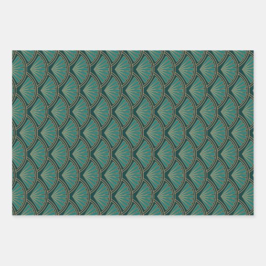Art Deco stijlpatroon in blauwgroen groene kleur Inpakpapier Vel (Voorkant 3)