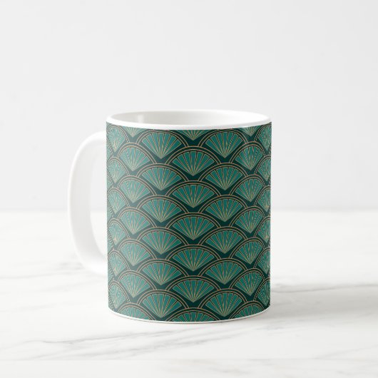 Art Deco stijlpatroon in blauwgroen groene kleur Koffiemok (Voorkant links)