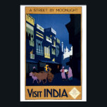 Art Deco Street, Moonlight India Travel Poster<br><div class="desc">Dit is een digitaal verbeterde afdruk van een  kunstdeco India-reisposter uit 1920 die een onverlichte straatscène met een dubbelkar show. In de tekst staat: "Een straat voor maanlicht. Bezoek India. Toepassen: India State Railways Bureau. 38 East 57th Street,  New York.</div>