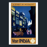Art Deco Street, Moonlight India Travel Poster<br><div class="desc">Dit is een digitaal verbeterde afdruk van een  kunstdeco India-reisposter uit 1920 die een onverlichte straatscène met een dubbelkar show. In de tekst staat: "Een straat voor maanlicht. Bezoek India. Toepassen: India State Railways Bureau. 38 East 57th Street,  New York.</div>