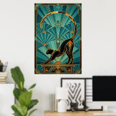 Art Deco Stretching Black Cat Wall Art Poster (Thuiskantoor)