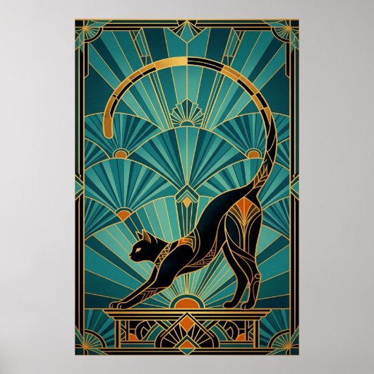 Art Deco Stretching Black Cat Wall Art Poster (Voorkant)
