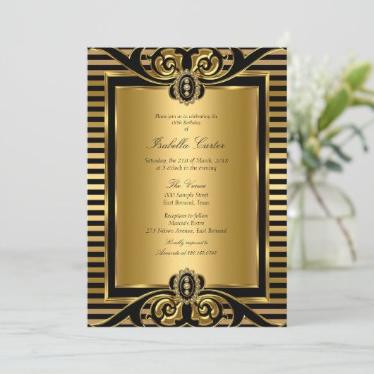 Art Deco Stripe Gold Black Birthday Party 2 Kaart (Staand voorkant)