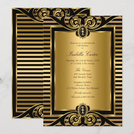 Art Deco Stripe Gold Black Birthday Party 2 Kaart (Voorkant / Achterkant)