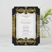 Art Deco Stripe Golden Black White Birthday Party Kaart (Staand voorkant)