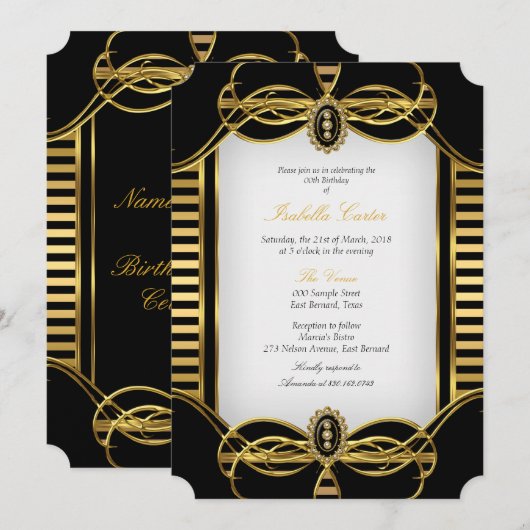 Art Deco Stripe Golden Black White Birthday Party Kaart (Voorkant / Achterkant)